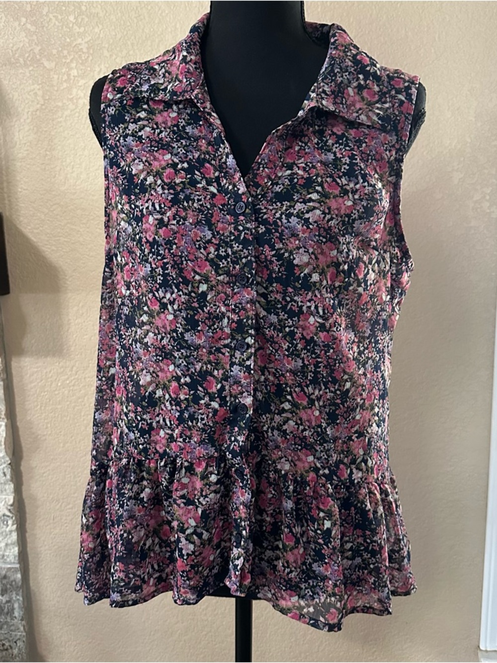 Mossimo sheer summer floral sleeveless blouse high low ruffle hem women’s XL